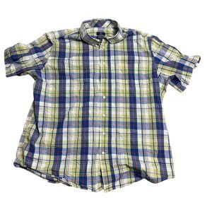 George Mens Size 3XL Blue Green Plaid Poplin Button Down Short Sleeve Shirt